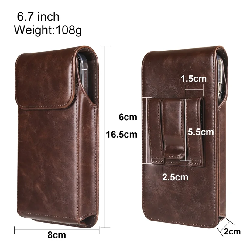 Crazy Horse Texture PU Leather Wasit Phone Pouch for 6.7" Mobile Phone Belt Bag with Back Clip - Brown
