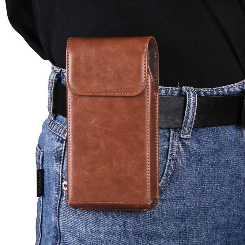 Crazy Horse Texture PU Leather Wasit Phone Pouch for 6.7" Mobile Phone Belt Bag with Back Clip - Brown