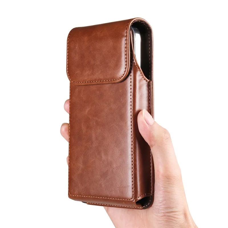 Crazy Horse Texture PU Leather Wasit Phone Pouch for 6.7" Mobile Phone Belt Bag with Back Clip - Brown