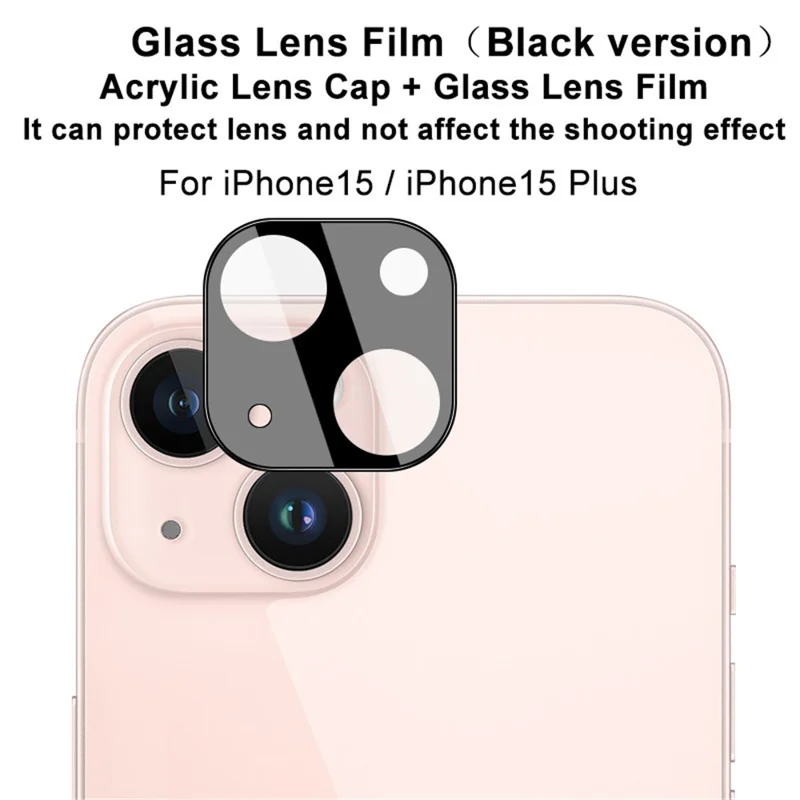 IMAK For iPhone 15 / 15 Plus Camera Lens Film Tempered Glass HD Clear Lens Protector+Acrylic Lens Cap (Black Version)
