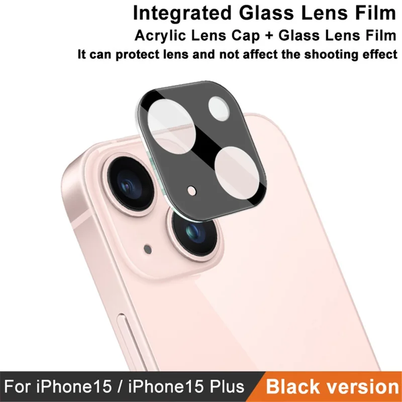 IMAK For iPhone 15 / 15 Plus Camera Lens Film Tempered Glass HD Clear Lens Protector+Acrylic Lens Cap (Black Version)