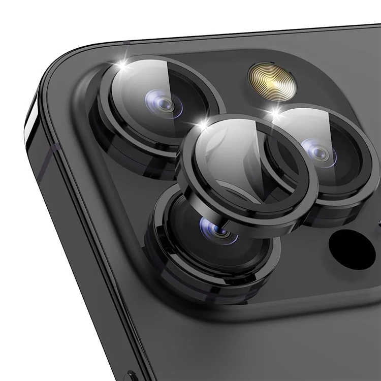 Para iPhone 15 Pro / 15 Pro Max Protector de lente de cámara Conjunto CD Vein Metal Individual Ring Película de vidrio templado para lente - Negro