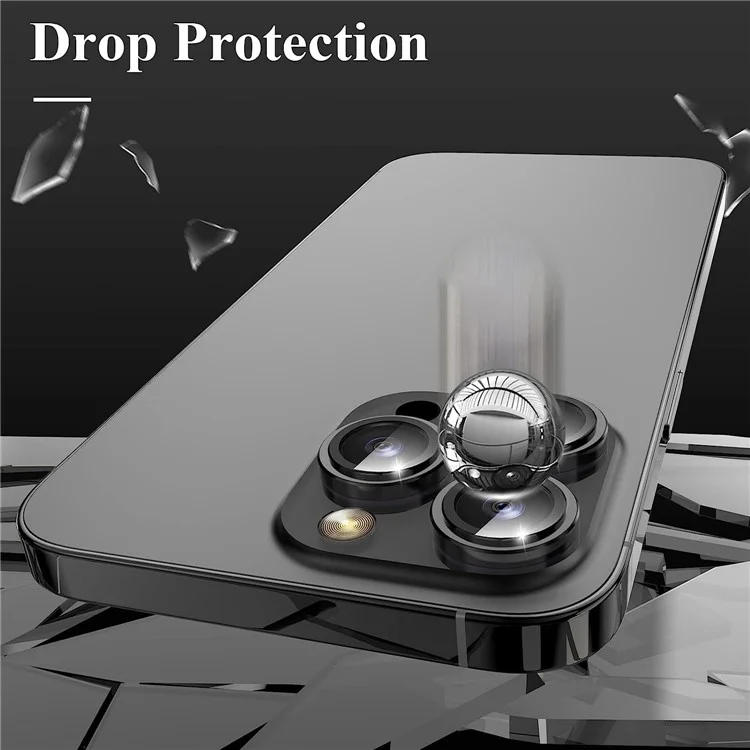 Para iPhone 15 Pro / 15 Pro Max Protector de lente de cámara Conjunto CD Vein Metal Individual Ring Película de vidrio templado para lente - Negro