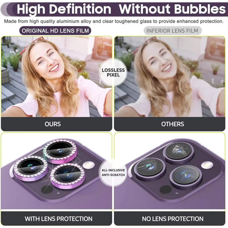 Для iPhone 15 Pro / 15 Pro Max Rhinestone Camera Lens Protector Set Tempered Glass+Colorful Metal Ring Lens Film