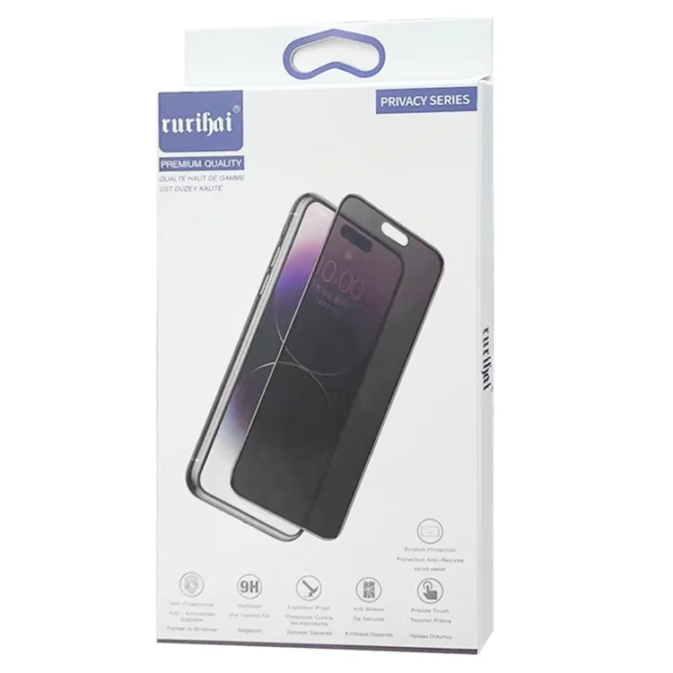 RURIHAI Pour iPhone 15 Full Cover High Aluminium-silicon Glass Film Silk Printing Black Edge Anti-spy Screen Protector