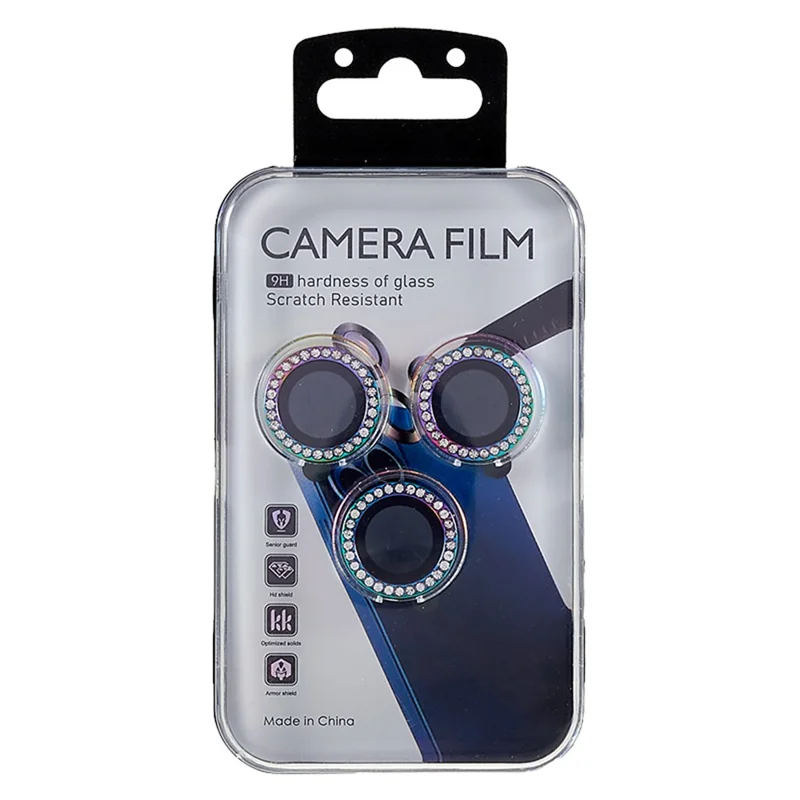 Для iPhone 15 Pro / 15 Pro Max Защитное стекло для камеры Металлическая рамка со стразами + Закаленное стекло для задней линзы - Разноцветный