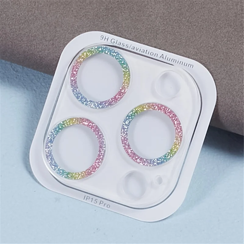 2 pièces pour iPhone 15 Pro / 15 Pro Max Glitter Camera Lens Protector 3D Tempered Glass Integrated Lens Film - Multicolore