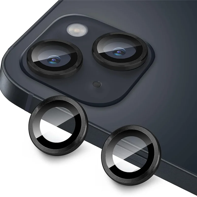 عدسة حماية لهاتف iPhone 15 / 15 Plus، مجموعة عدسات حماية بطبقة زجاج مُقسّى مع حلقة معدنية بتصميم CD Vein - أسود