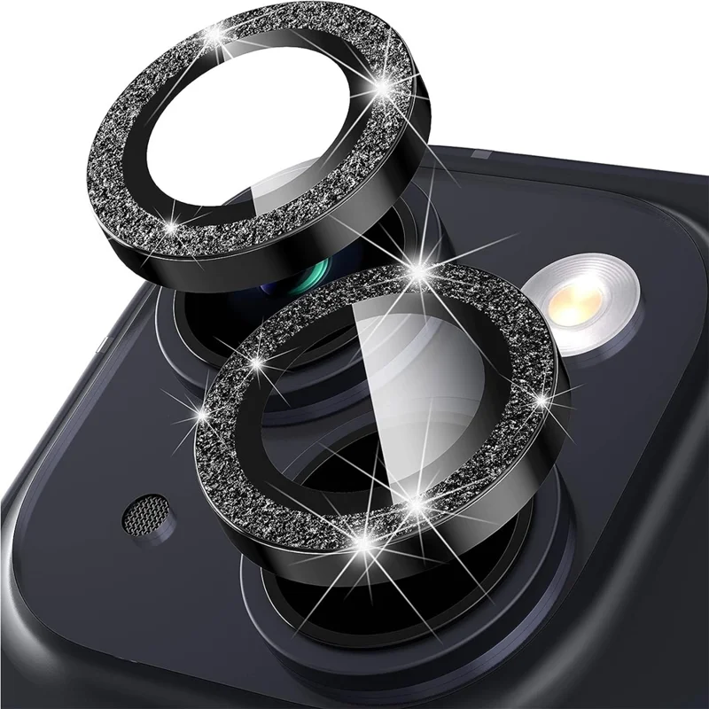 Para iPhone 15 / 15 Plus, Protector de lente de cámara Juego Anillo de metal brillante Película de vidrio templado para la parte posterior de la lente - Negro