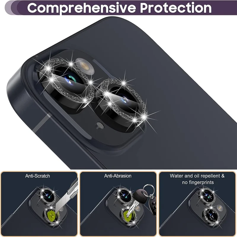 Para iPhone 15 / 15 Plus, Protector de lente de cámara Juego Anillo de metal brillante Película de vidrio templado para la parte posterior de la lente - Negro