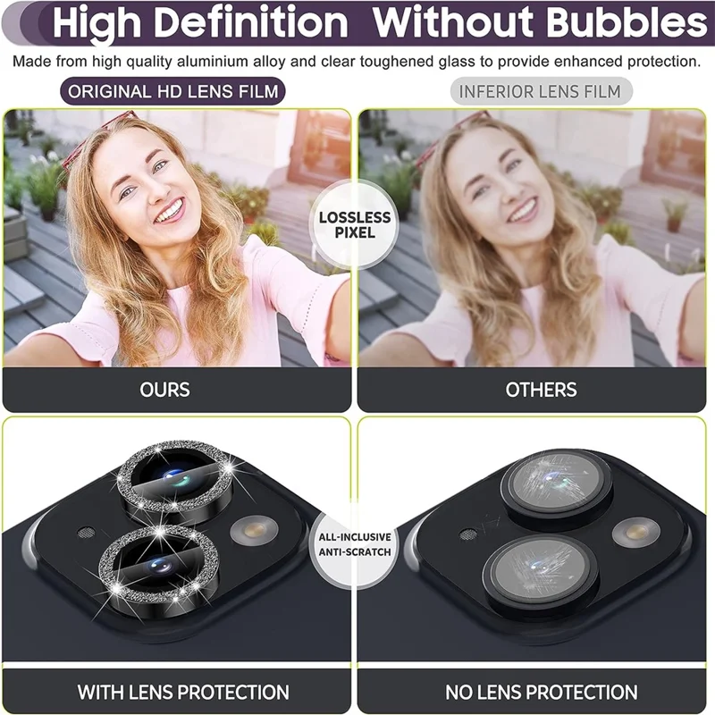 Para iPhone 15 / 15 Plus, Protector de lente de cámara Juego Anillo de metal brillante Película de vidrio templado para la parte posterior de la lente - Negro
