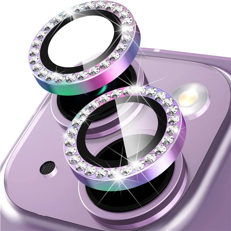 Per iPhone 15 / 15 Plus Bling Rhinestone Camera Lens Protector Set Colorful Metal Ring Tempered Glass Lens Film