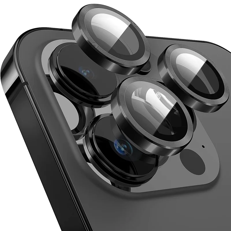 For iPhone 14 Pro / 14 Pro Max 1 Set Camera Lens Protector Tempered Glass + Metal Ring CD Vein Lens Film - Black