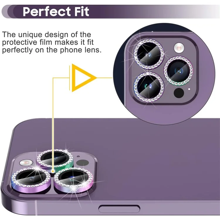 Per iPhone 14 Pro / 14 Pro Max 1 Set Camera Lens Protector Tempered Glass Colorful Rhinestone Metal Ring Lens Film