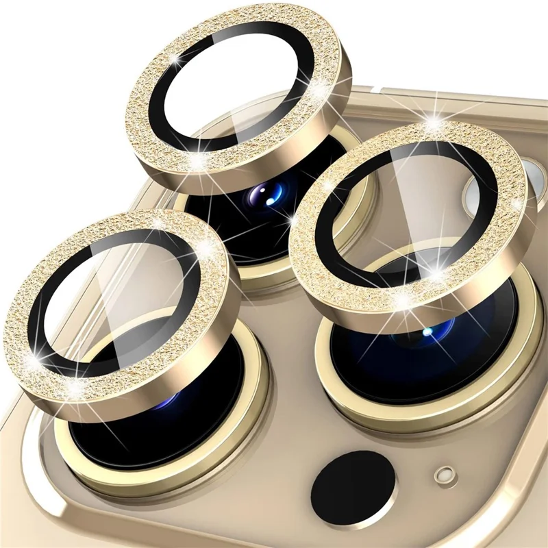 For iPhone 14 Pro / 14 Pro Max 1 Set Camera Lens Protector Metal Ring+Tempered Glass Glitter Rear Lens Film - Gold
