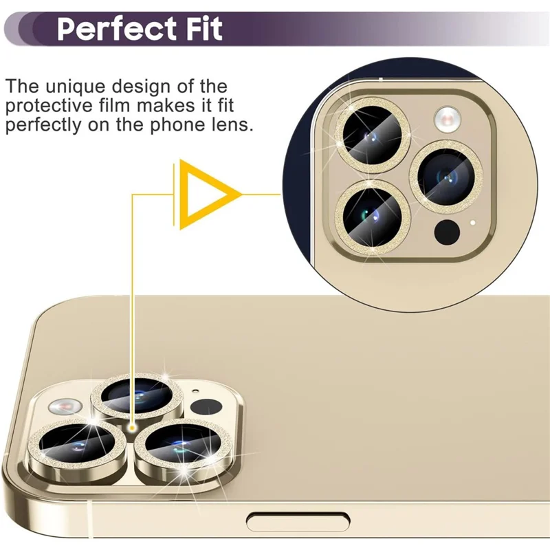 For iPhone 14 Pro / 14 Pro Max 1 Set Camera Lens Protector Metal Ring+Tempered Glass Glitter Rear Lens Film - Gold