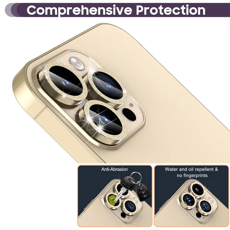 For iPhone 14 Pro / 14 Pro Max 1 Set Camera Lens Protector Metal Ring+Tempered Glass Glitter Rear Lens Film - Gold