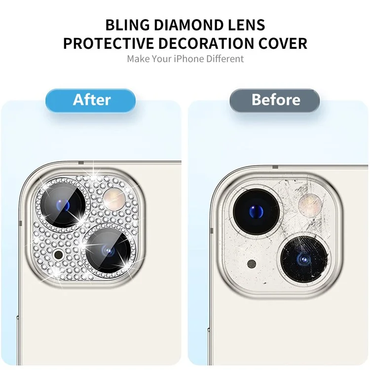 ENKAY HAT PRINCE For iPhone 15 / 15 Plus Bling Lens Film Rhinestone Decor Aluminum Alloy+Tempered Glass Camera Cover Protector - Silver