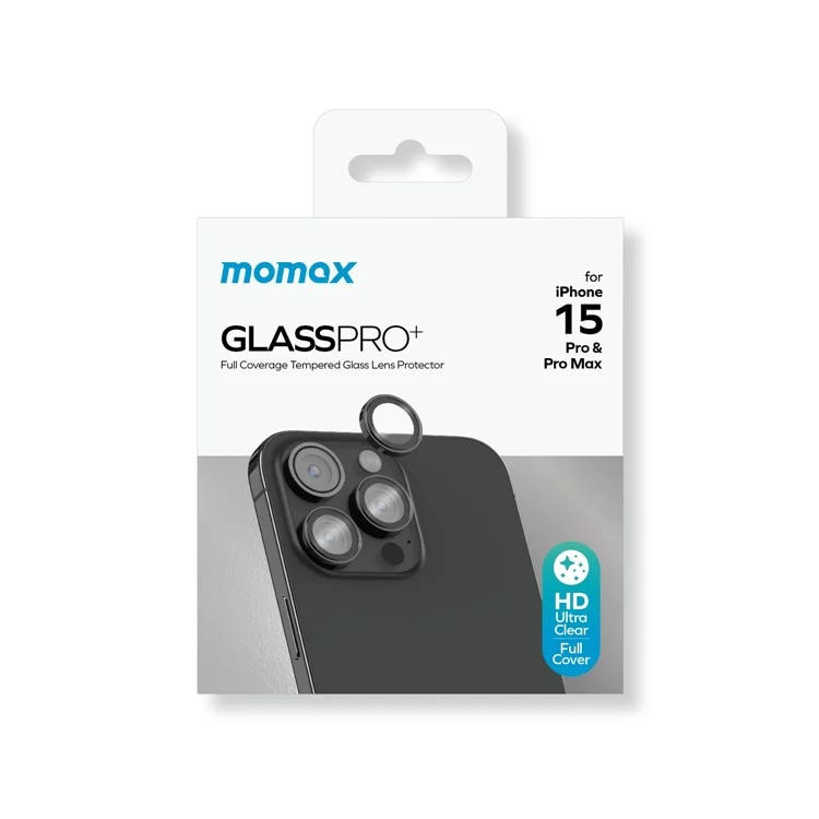 MOMAX For iPhone 15 Pro / 15 Pro Max 1 Set Camera Lens Film Aluminum Alloy+Tempered Glass HD Lens Protector - Black