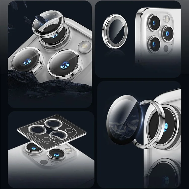 MOMAX For iPhone 15 Pro / 15 Pro Max 1 Set Camera Lens Film Aluminum Alloy+Tempered Glass HD Lens Protector - Black