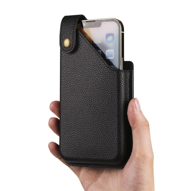 Capa de Telefone Universal de 6,1 Polegadas Textura de Litchi Couro PU Vertical Belt Holster Phone Pouch - Preto