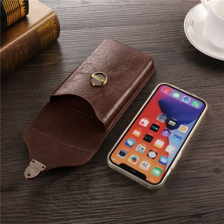 6.1-inch Vertical Phone Waist Bag PU Leather Belt Holster Universal Phone Pouch - Brown