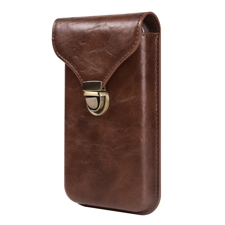 6.7-inch Universal Phone Case Card Holder PU Leather Waist Belt Holster Vertical Phone Pouch - Brown