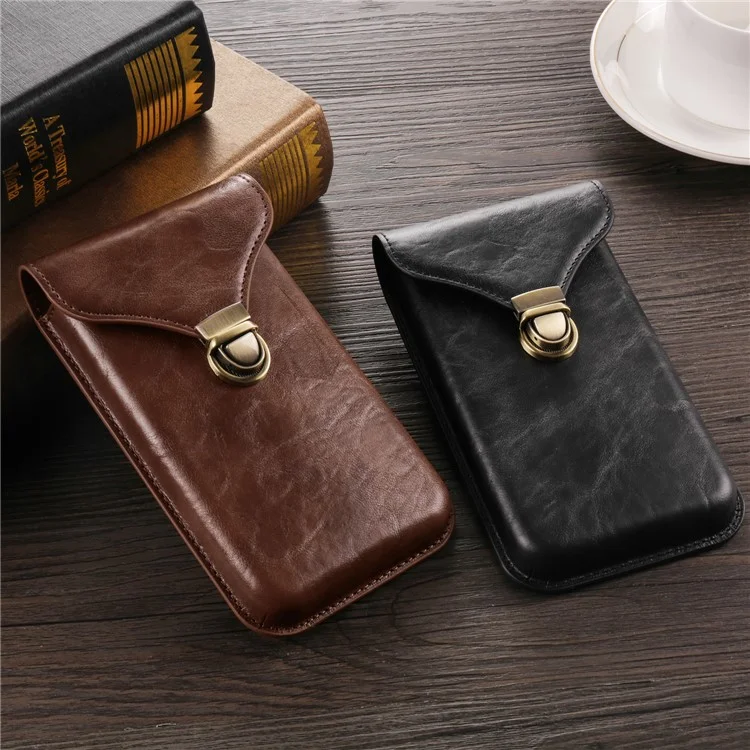 6.7-inch Universal Phone Case Card Holder PU Leather Waist Belt Holster Vertical Phone Pouch - Brown