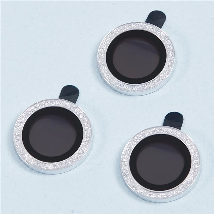 Para iPhone 15 Pro / 15 Pro Max 1 Conjunto Rhinestone Camera Lens Film Tempered Glass Metal Ring Lens Protector - Prata