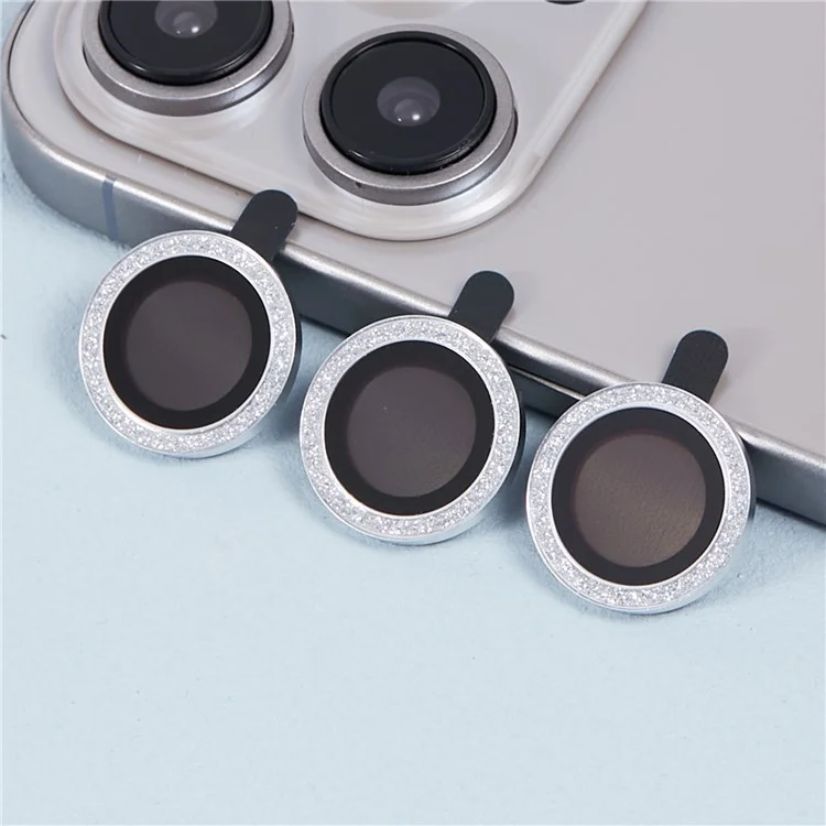 Para iPhone 15 Pro / 15 Pro Max 1 Conjunto Rhinestone Camera Lens Film Tempered Glass Metal Ring Lens Protector - Prata