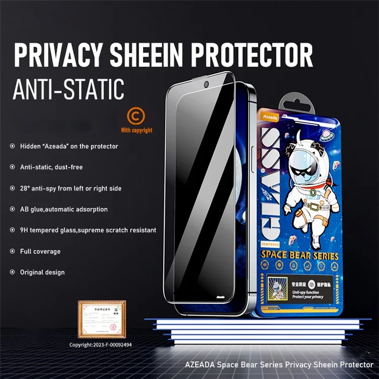 Protetor de Tela da Série AZEADA Space Bear para iPhone 14 Pro Max, Anti-Espionagem, Anti-Explosão e Cobertura Total