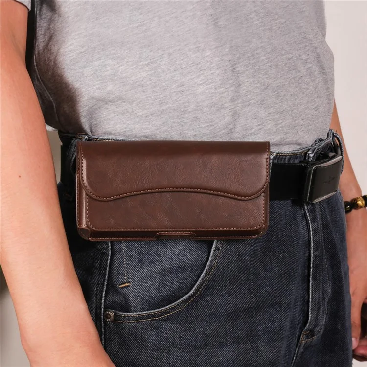 6.1 inch Mobile Phone Waist Bag with Magnetic Closure PU Leather Phone Belt Pouch - Brown