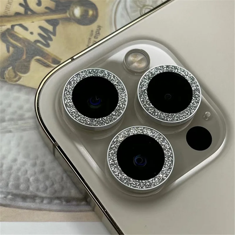For iPhone 15 Pro / 15 Pro Max 1 Set Camera Lens Film Tempered Glass Lens Protector with Glitter Powder Ring - Silver