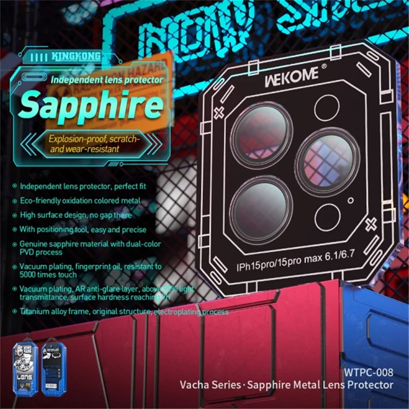 WEKOME WTPC-008 Vacha Series for iPhone 15 Pro / 15 Pro Max Camera Lens Protector Tempered Glass+Metal Lens Film - Transparent