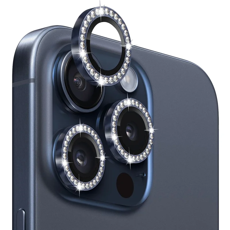 NORTHJO 1 set per iPhone 15 Pro / 15 Pro Max Protezione lente fotocamera Vetro temperato + Anello metallo Rhinestone Film - Blu