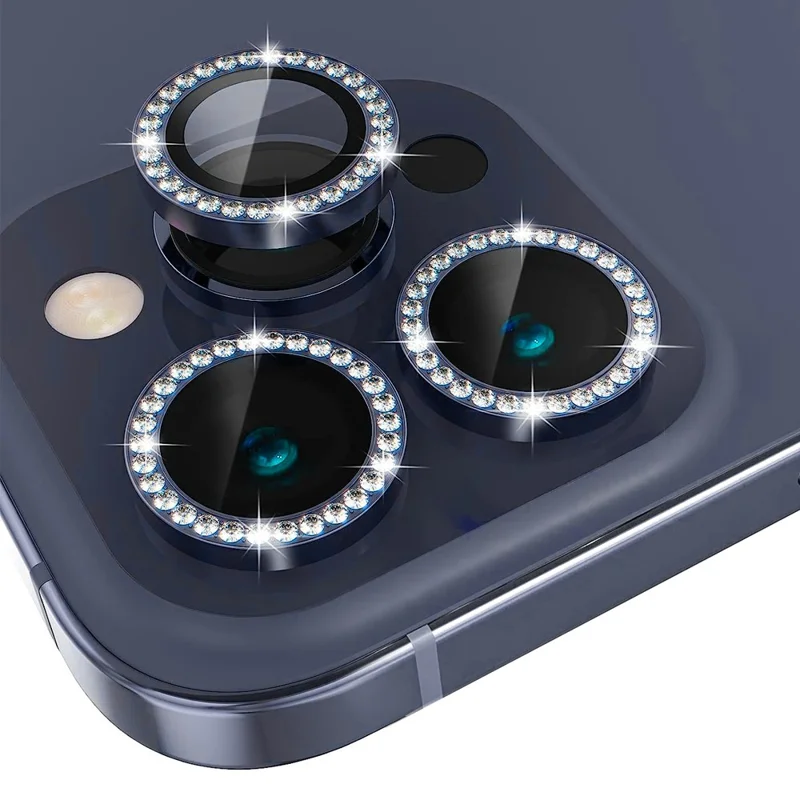 NORTHJO 1 set per iPhone 15 Pro / 15 Pro Max Protezione lente fotocamera Vetro temperato + Anello metallo Rhinestone Film - Blu