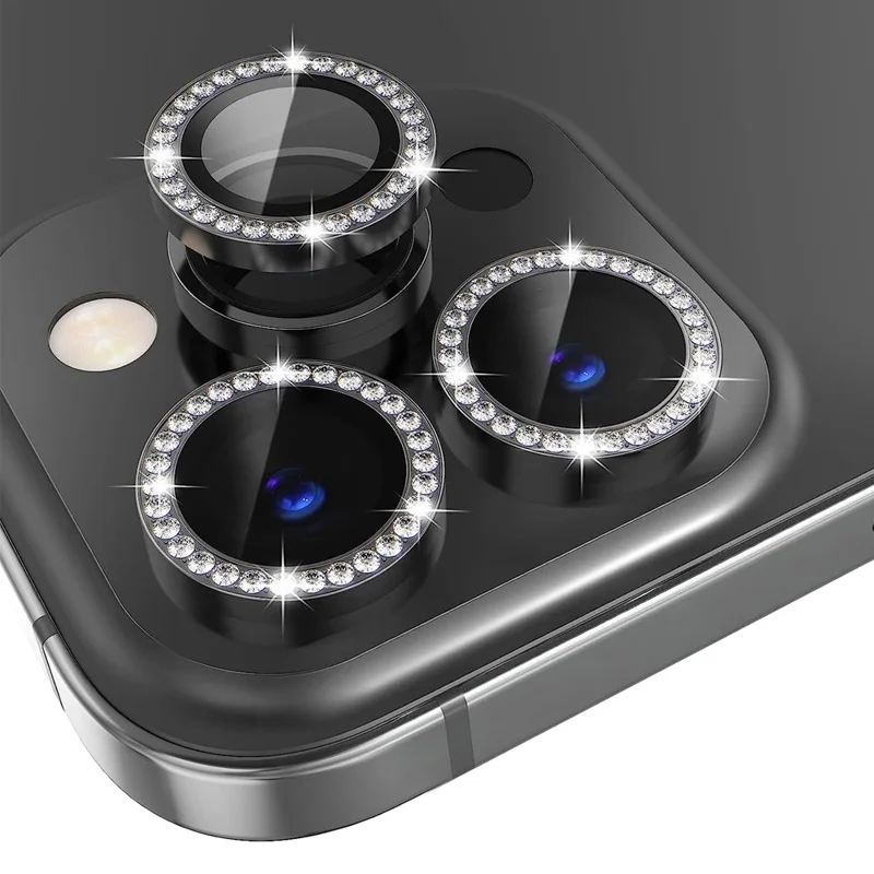 NORTHJO 1 Set For iPhone 15 Pro / 15 Pro Max Camera Lens Protector Tempered Glass + Metal Rhinestone Camera Ring Film - Graphite
