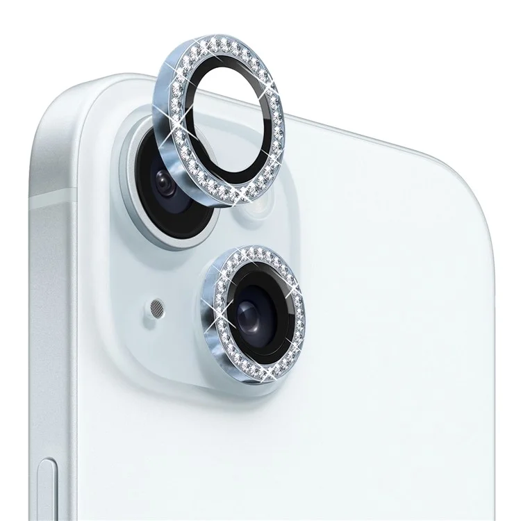 NORTHJO 1 Set For iPhone 15 / 15 Plus Rhinestone Lens Protector Tempered Glass + Metal Rear Camera Lens Film - Bleu