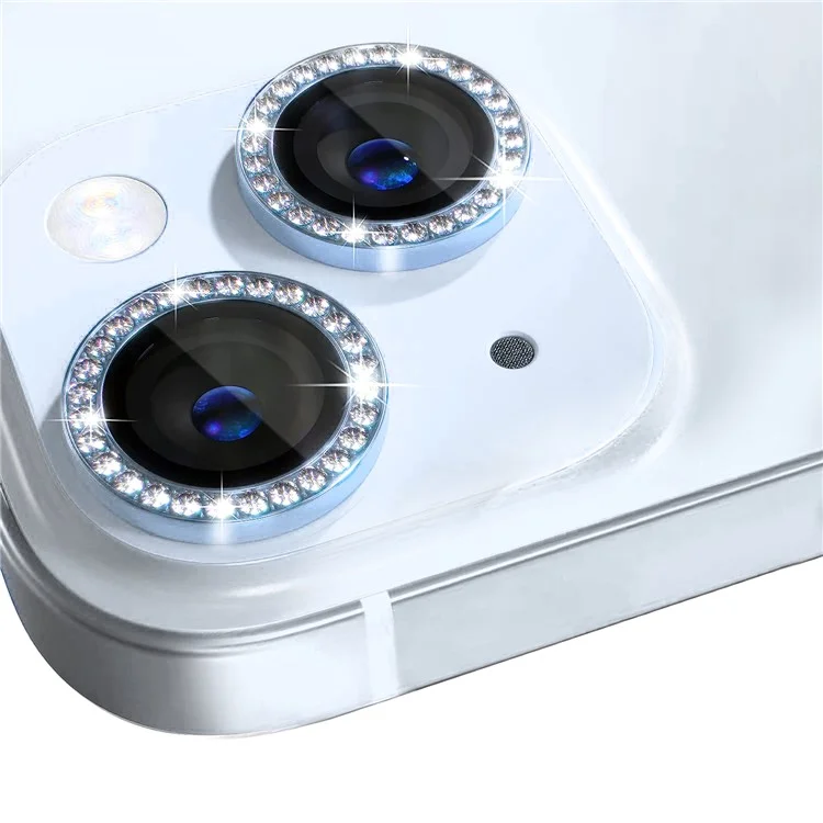 NORTHJO 1 Set For iPhone 15 / 15 Plus Rhinestone Lens Protector Tempered Glass + Metal Rear Camera Lens Film - Bleu