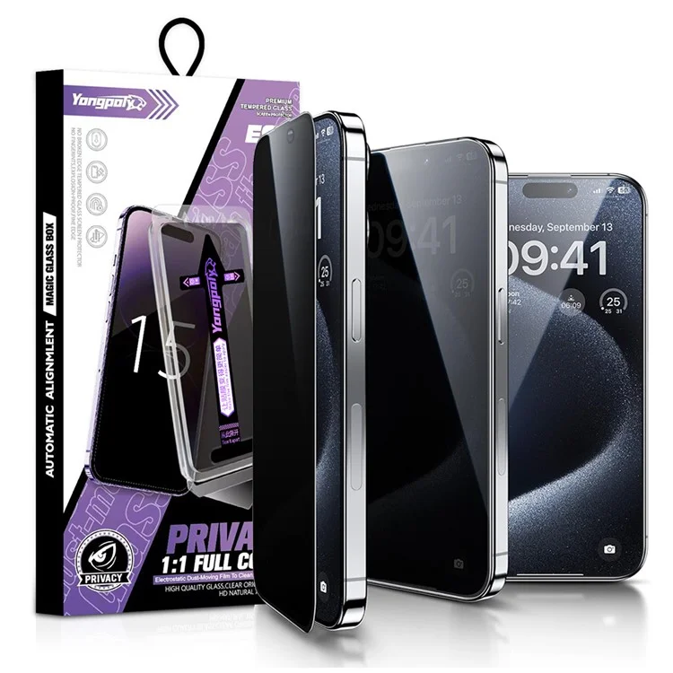 YONGPOLY Für iPhone 15 Pro Privacy Screen Protector Seiden-Bedruckung gehärtetes Glas-Folie mit Einfach Installationsset