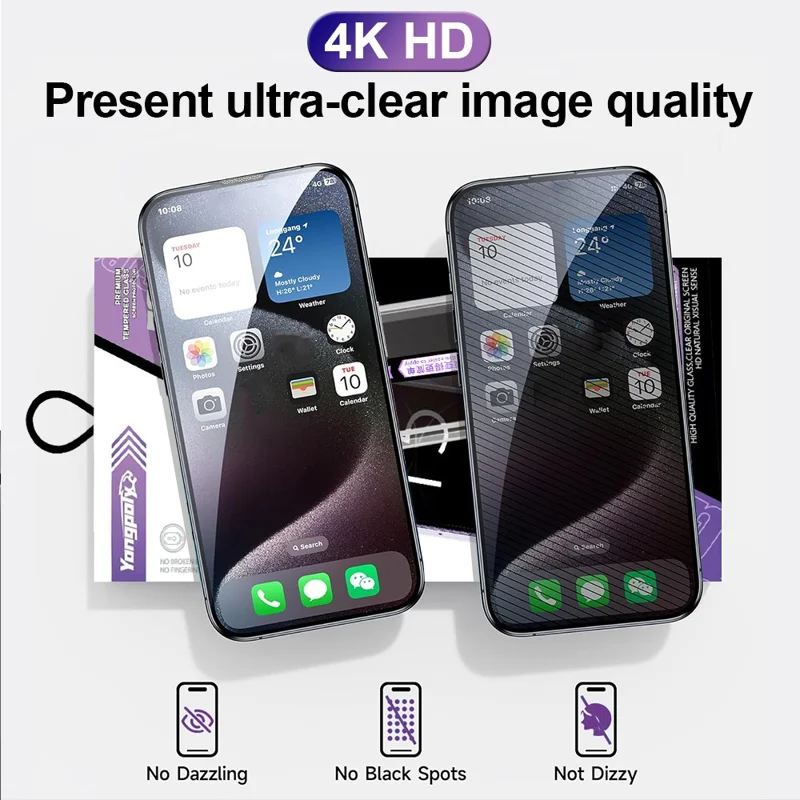 YONGPOLY Filtr ekranowy do iPhone'a 13 Pro Max / 14 Plus z jedwabnym nadrukiem, ochrona przed podsłuchem, hartowane szkło z siatką przeciwkurzową