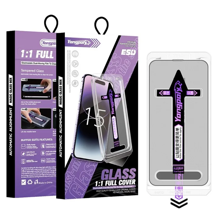YONGPOLY For iPhone 15 Full Screen Protector Tempered Glass HD Clear Film with Dust-Proof Net