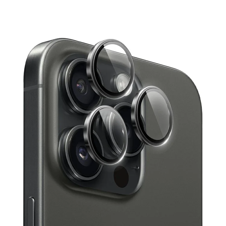 WIWU LG-005 1 Set For iPhone 15 Pro Max 3D Tempered Glass+Aluminum Alloy Frame Phone Rear Lens Film Protector - Dark Grey