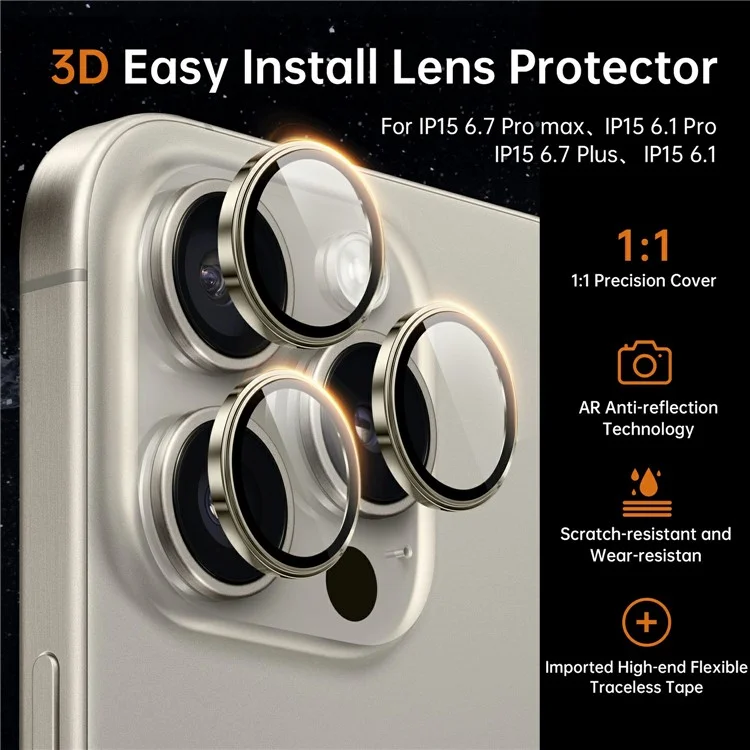 WIWU LG-005 1 Set For iPhone 15 Pro Max 3D Tempered Glass+Aluminum Alloy Frame Phone Rear Lens Film Protector - Dark Grey
