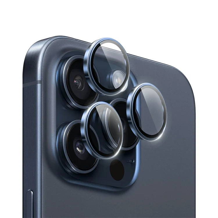 WIWU LG-005 1 Ensemble pour iPhone 15 Pro Max Protecteur d'écran en verre trempé 3D + Cadre en alliage d'aluminium Protège-objectif - Bleu foncé 