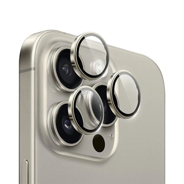 WIWU LG-005 1 Set For iPhone 15 Pro 3D Tempered Glass Rear Lens Film Aluminum Alloy Frame Lens Protector - Titanium Gold