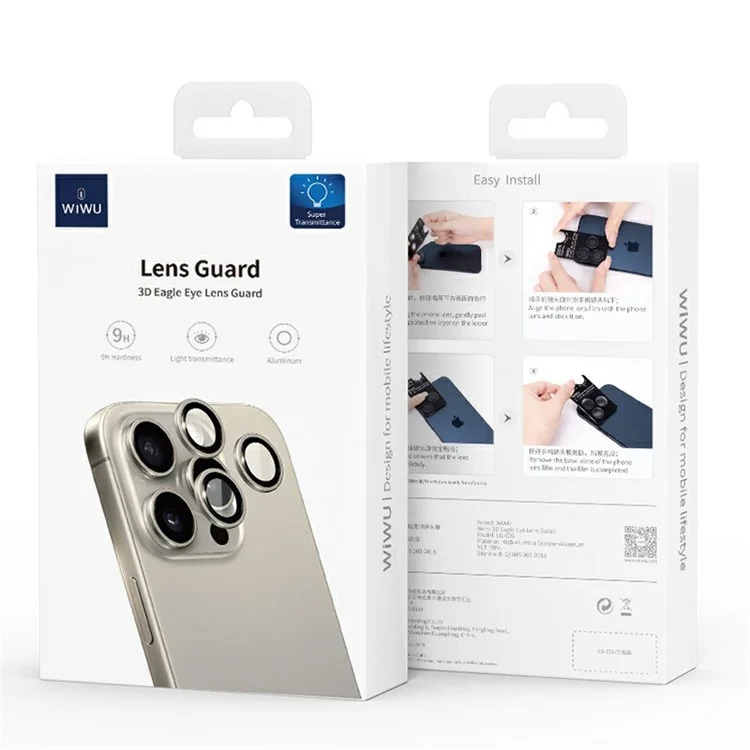 WIWU LG-005 1 Set For iPhone 15 Pro 3D Tempered Glass Rear Lens Film Aluminum Alloy Frame Lens Protector - Titanium Gold