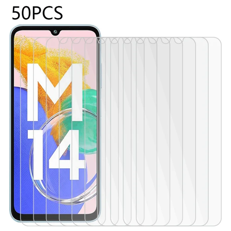 50Pcs Screen Protector for Samsung Galaxy M14 4G , HD Clear Tempered Glass Film (No Package, with Wipes Set, Dust-absorber, Guide Sticker)