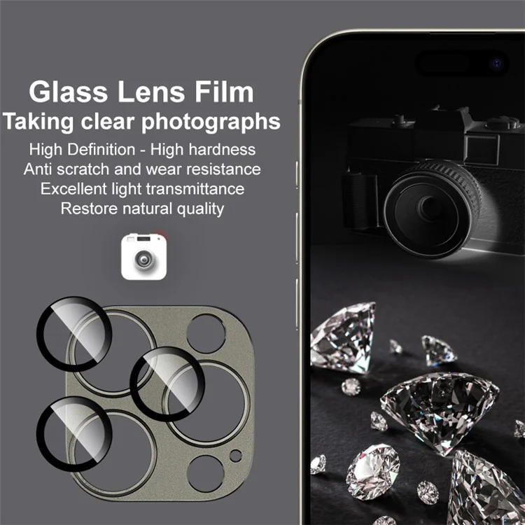 IMAK For iPhone 15 Pro / 15 Pro Max Camera Lens Protector HD Clear Metal+Tempered Glass Lens Film - Black