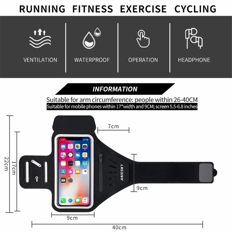 HAISSKY HSK3061 Fitness Running Arm Bag 6.8-inch Phone Touch Screen Armband Storage Bag - Black